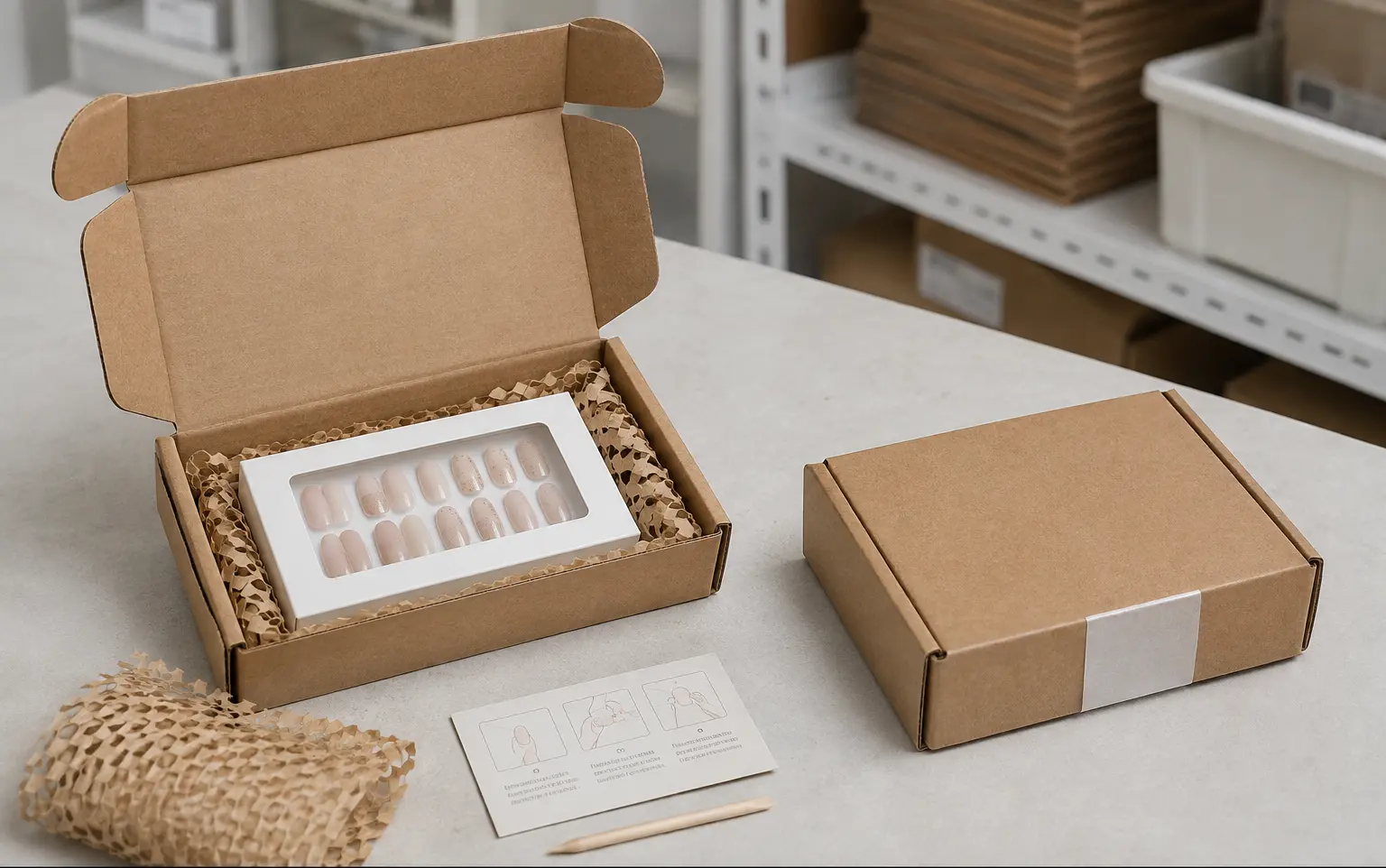 Illustrative visualization of e-commerce mailer in a press-on nail workflow