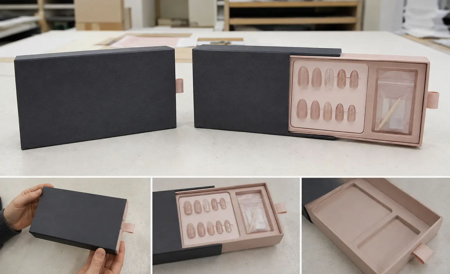 Illustrative visualization of rigid drawer box in a press-on nail workflow