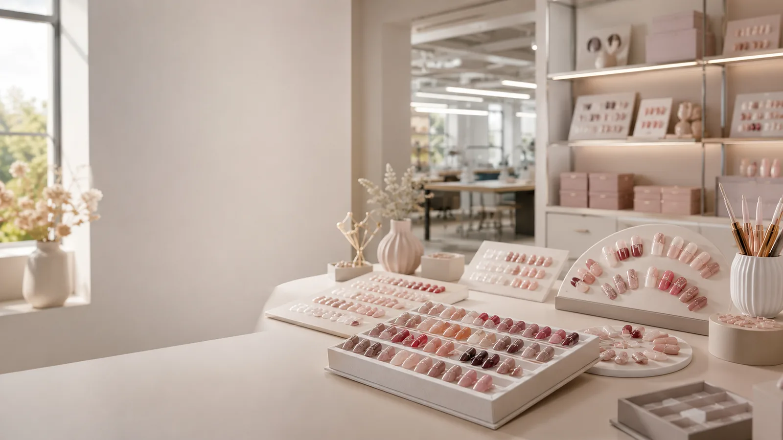 Custom press-on nail sample showroom and design workspace inside a manufacturing facility