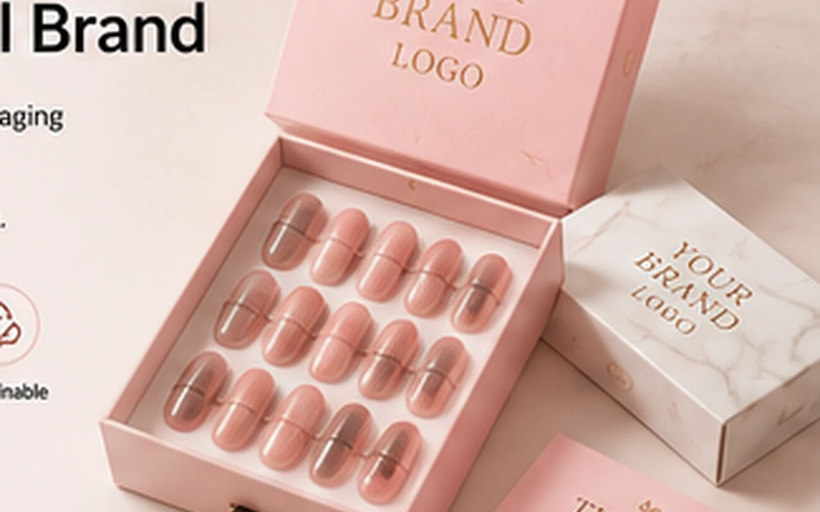 Press-on nail packaging collection with multiple branded box formats and factory background