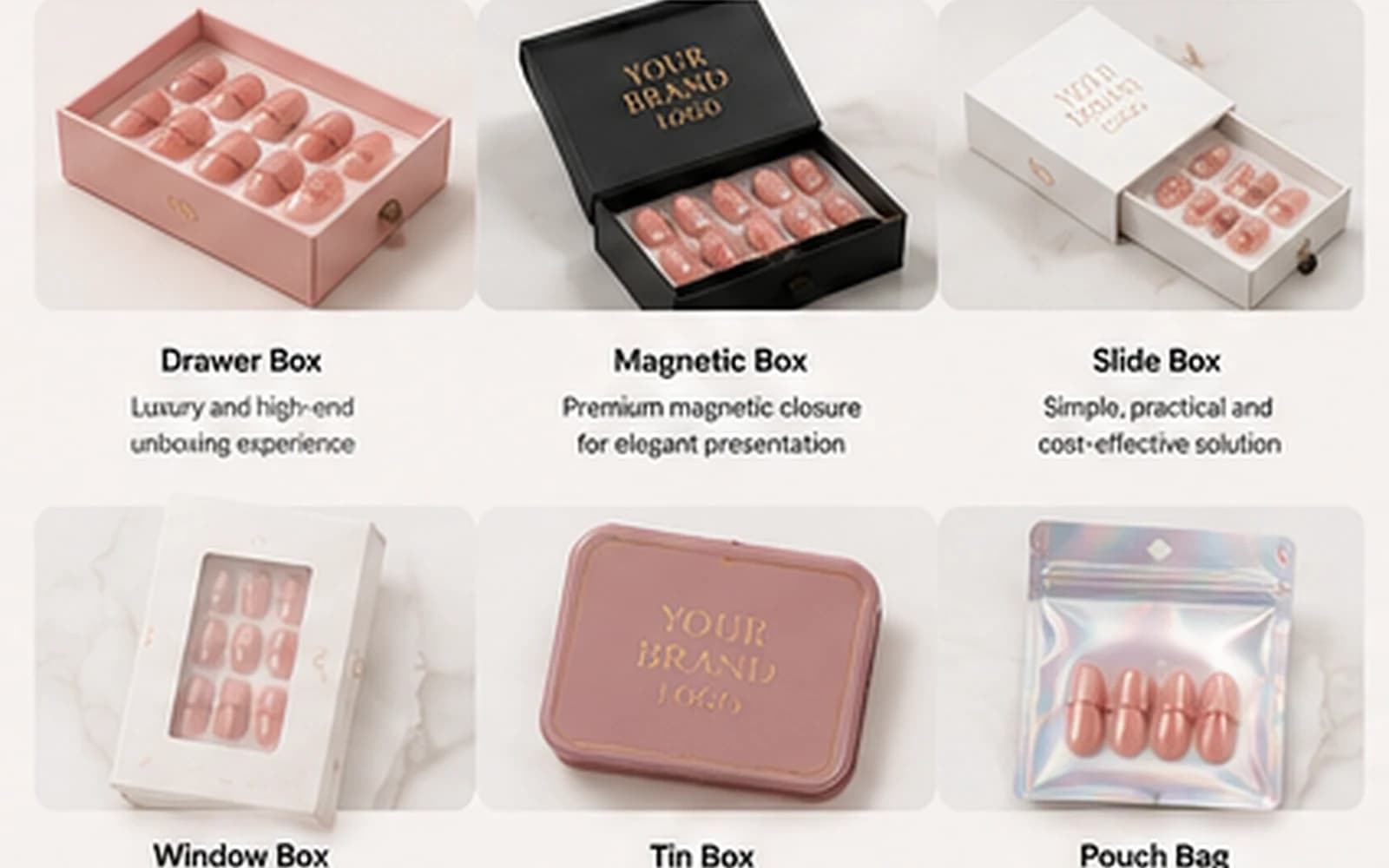 Custom press-on nail packaging structures including window, drawer, sleeve and gift boxes