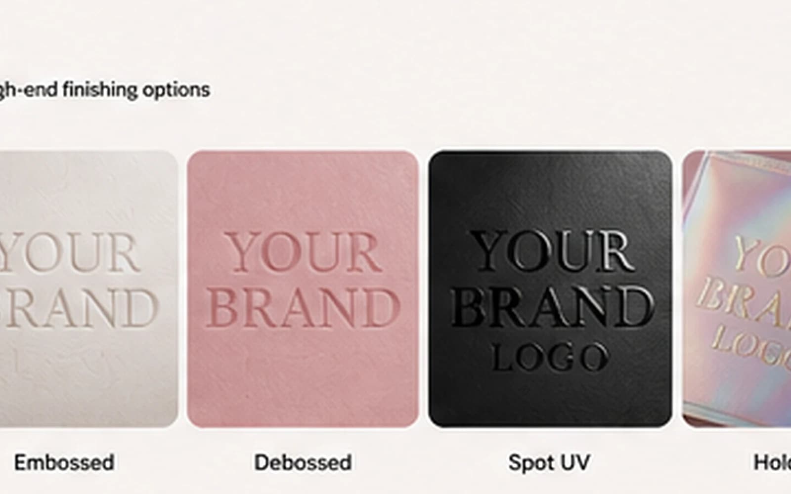 Packaging paper materials, color samples, foil, embossing and surface finish options