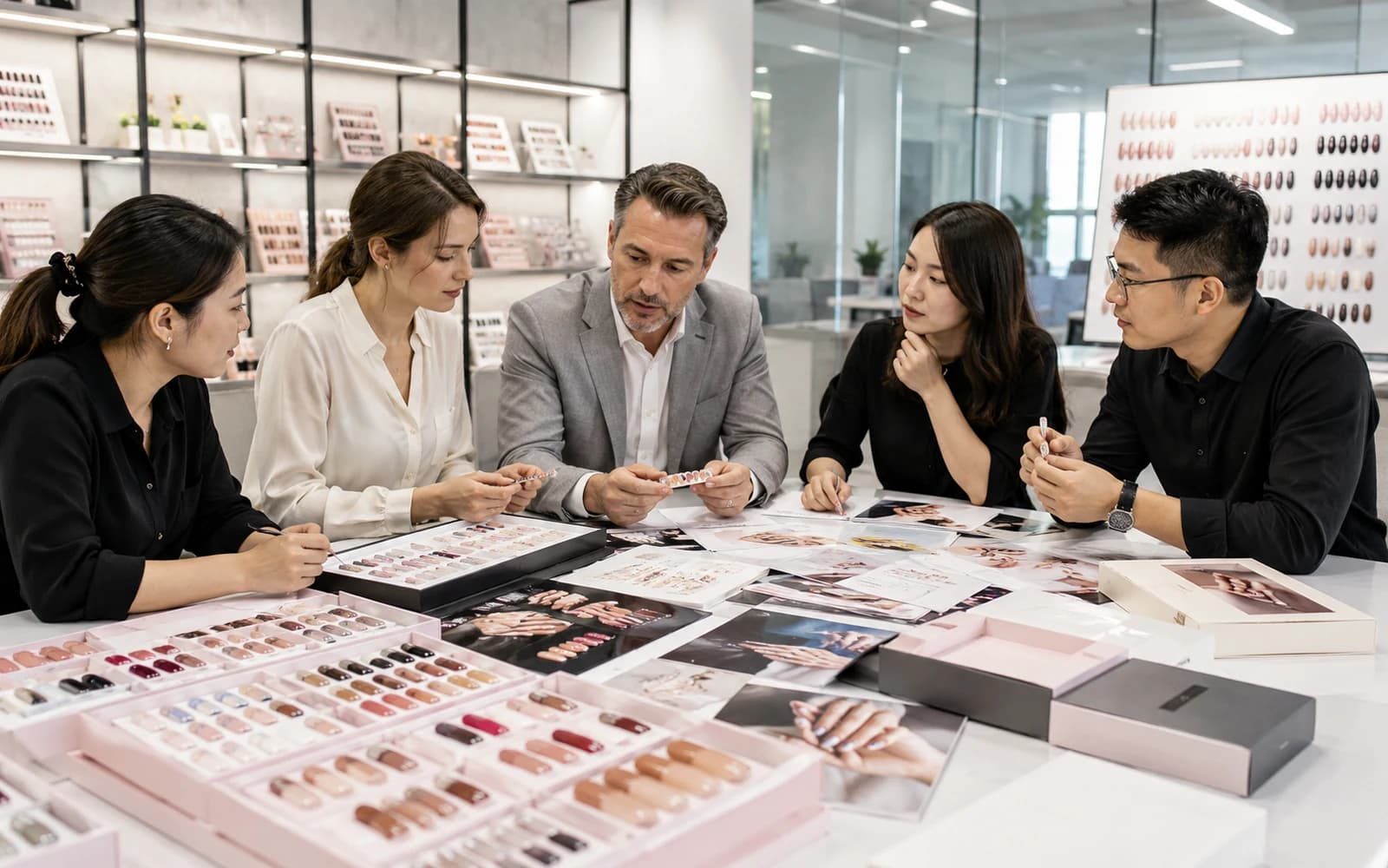 Buyer and packaging team reviewing artwork, logo placement and press-on nail box samples