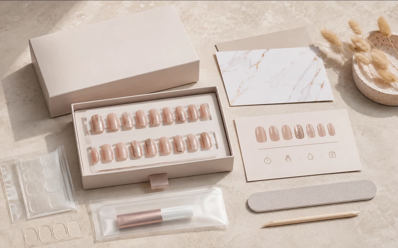 Retail-ready press-on nail kit with adhesive, file, wooden stick, instructions and box