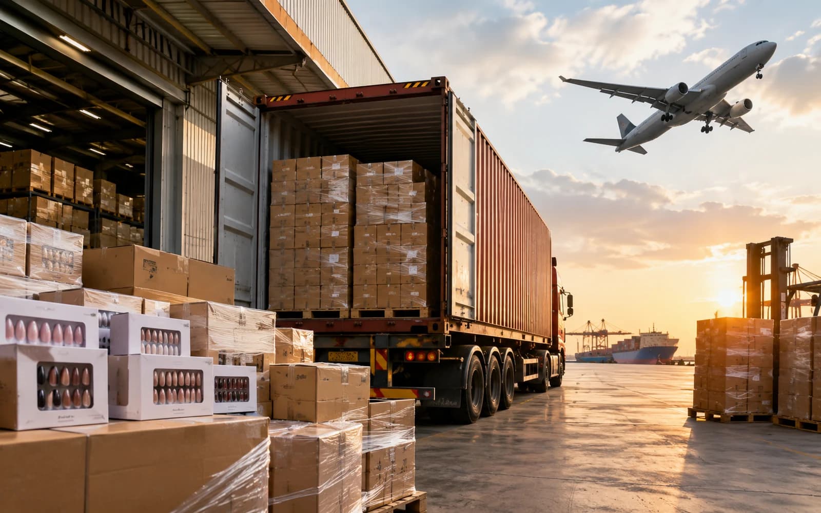 Master cartons, SKU labels and press-on nail packaging prepared for international shipping