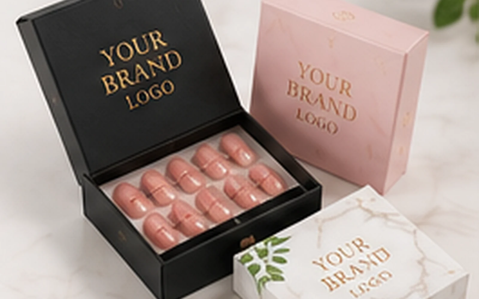 Premium press-on nail packaging display with clear space for a quote call to action