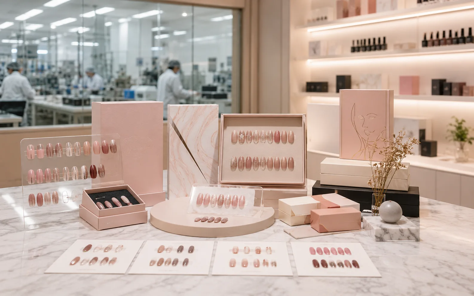 Factory-direct private-label press-on nail collection with packaging and sample displays