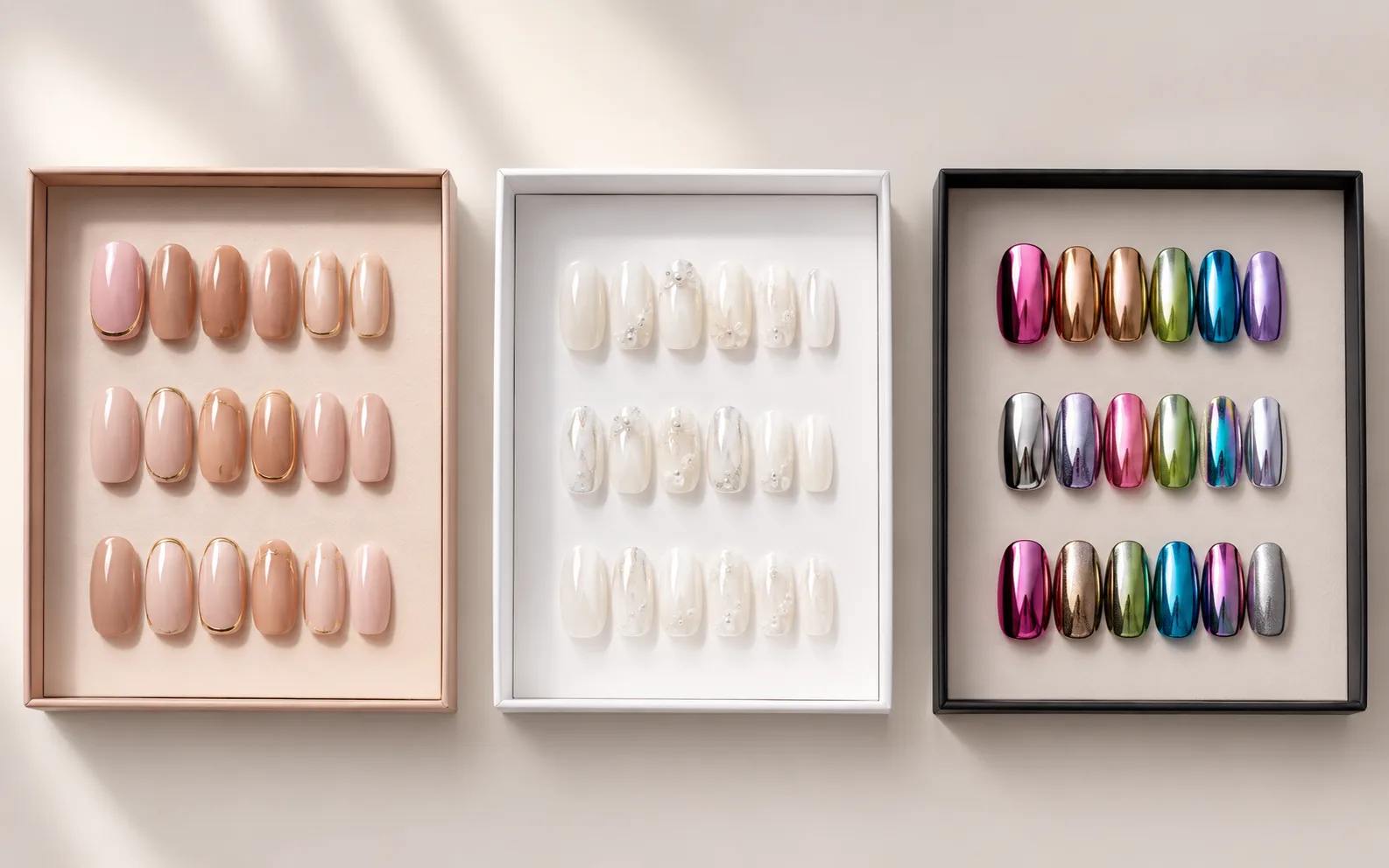 Private-label press-on nail concept collections in nude, wedding, and chrome styles