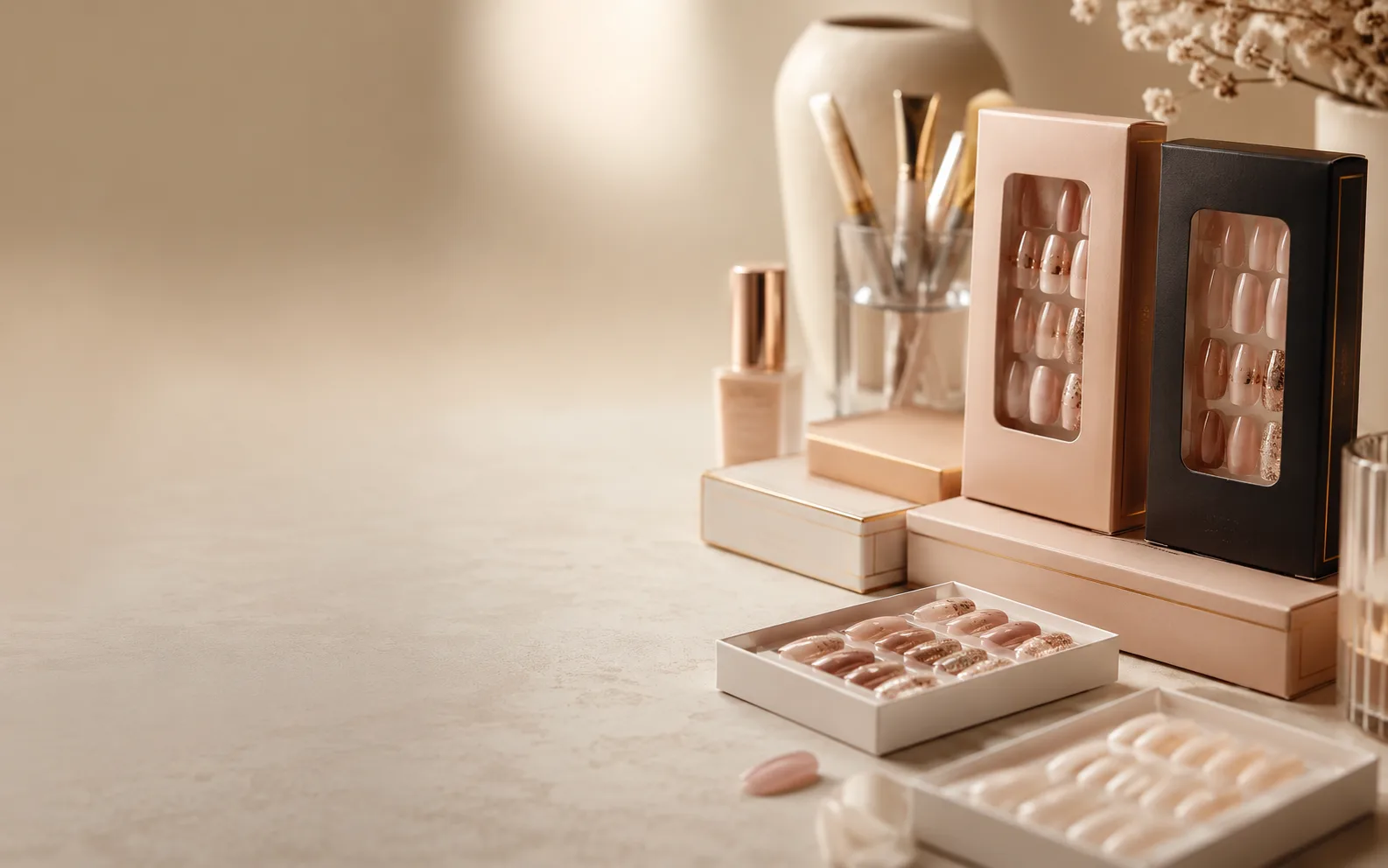 Private-label press-on nail products and packaging with space for a quote call to action