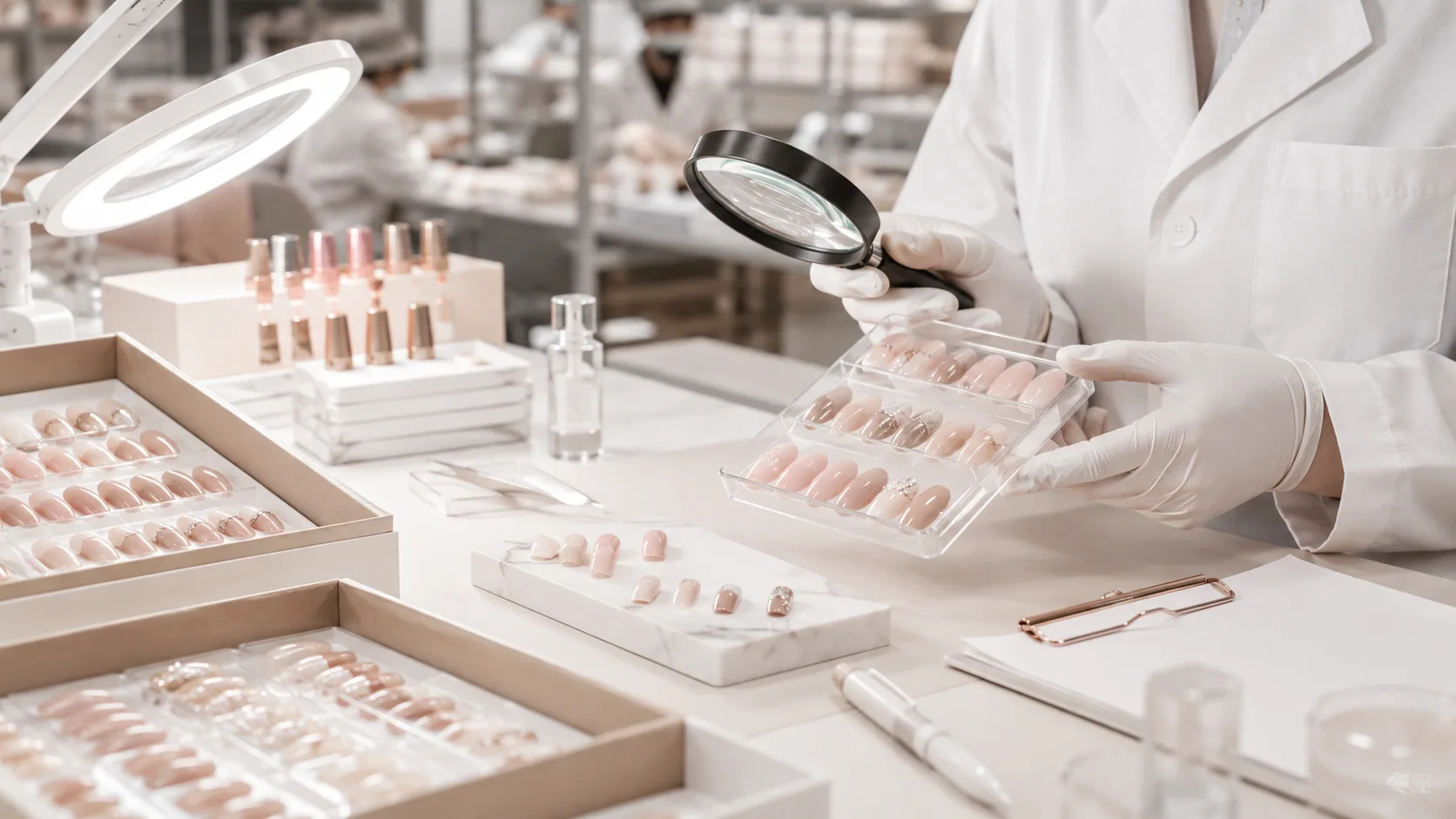Press-on nail quality control workflow overview with inspection and process review