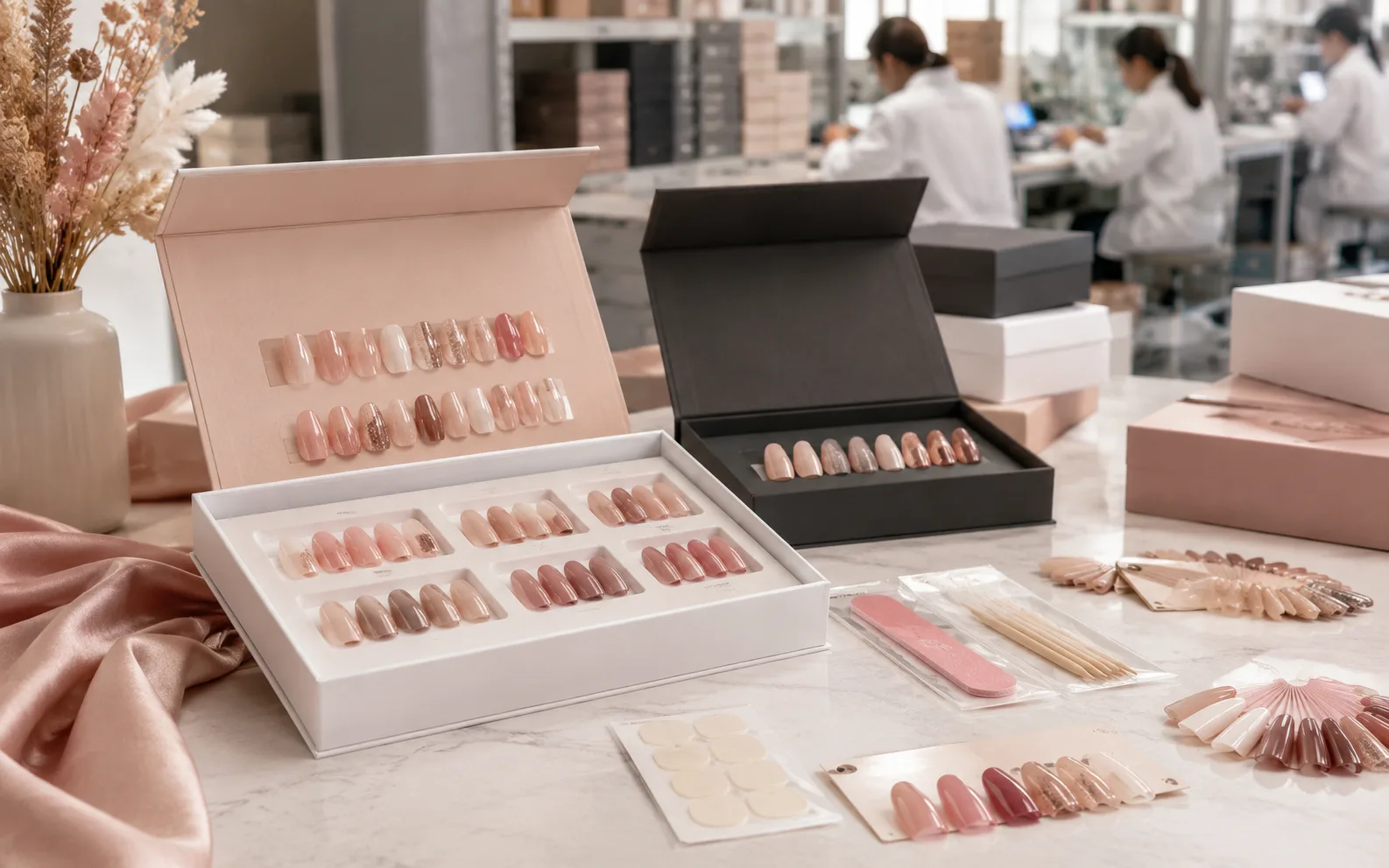 Press-on nail sample service hero image with premium sample kits and factory support feel