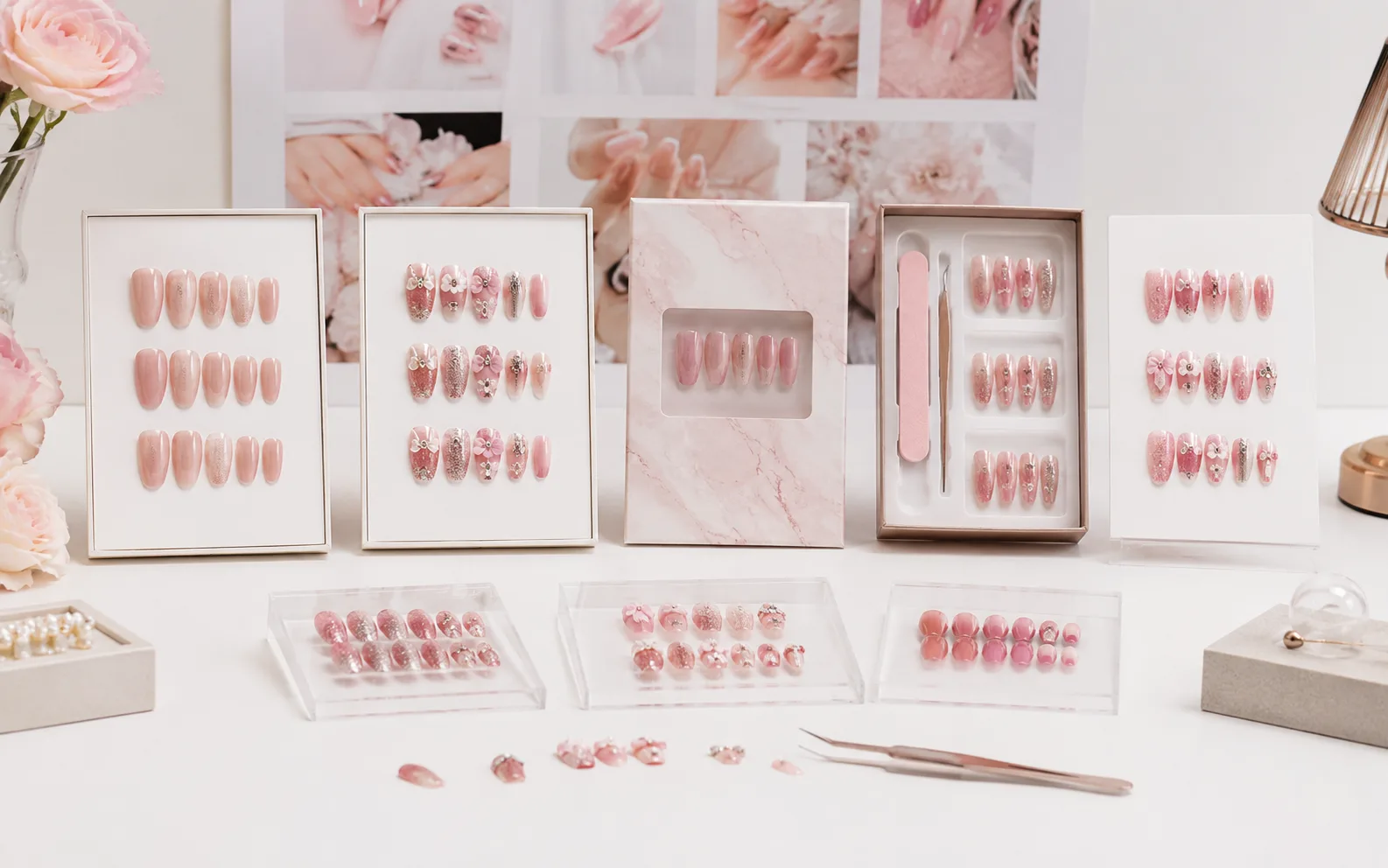 Different press-on nail sample types including stock, custom, packaging and approval samples