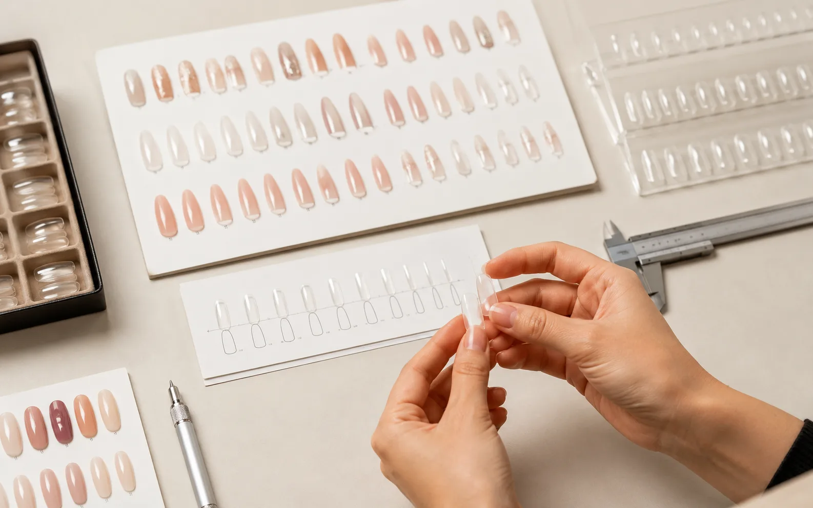 Press-on nail size, shape and fit selection tools for sample confirmation