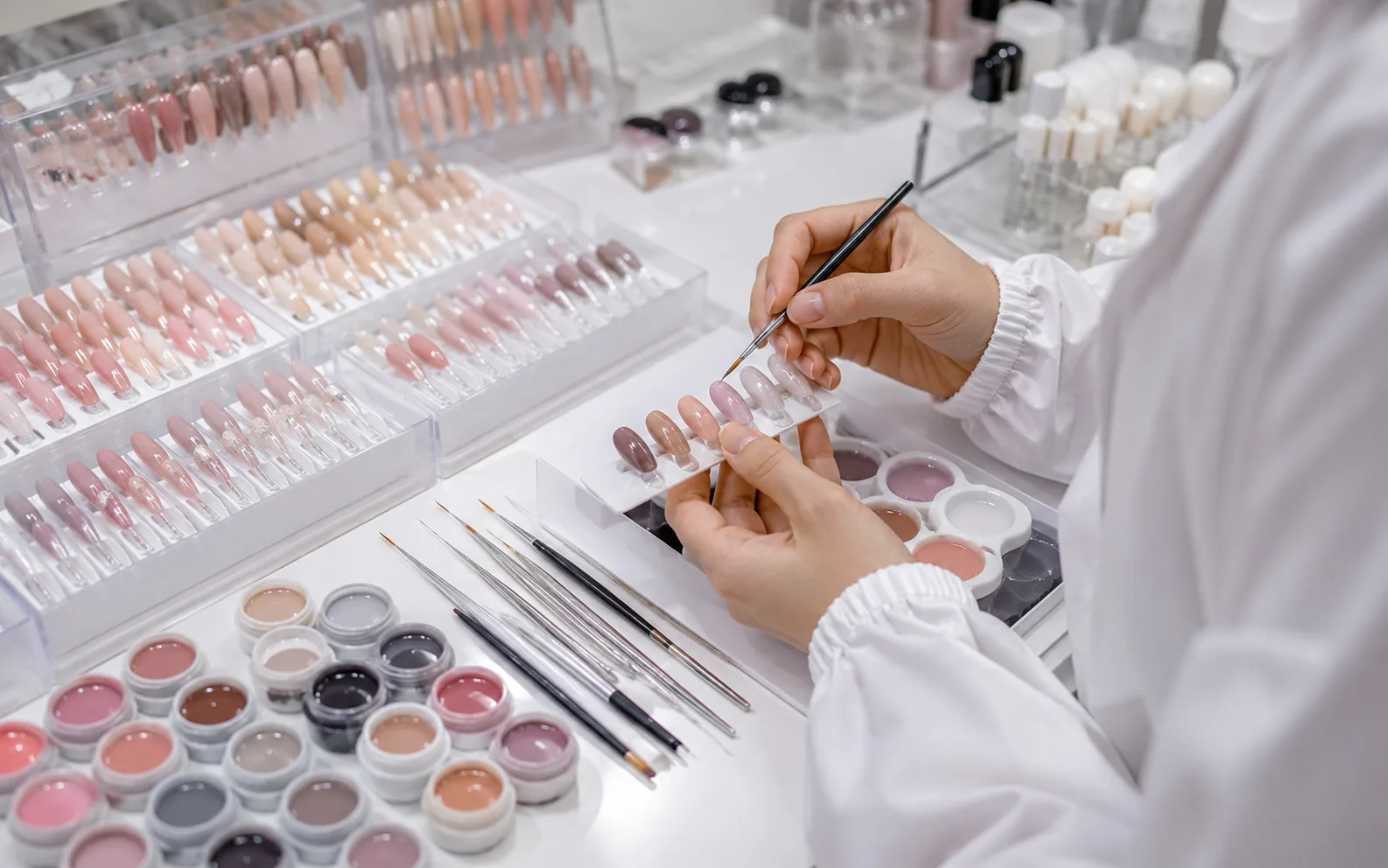 Press-on nail sample making process on a clean professional workstation