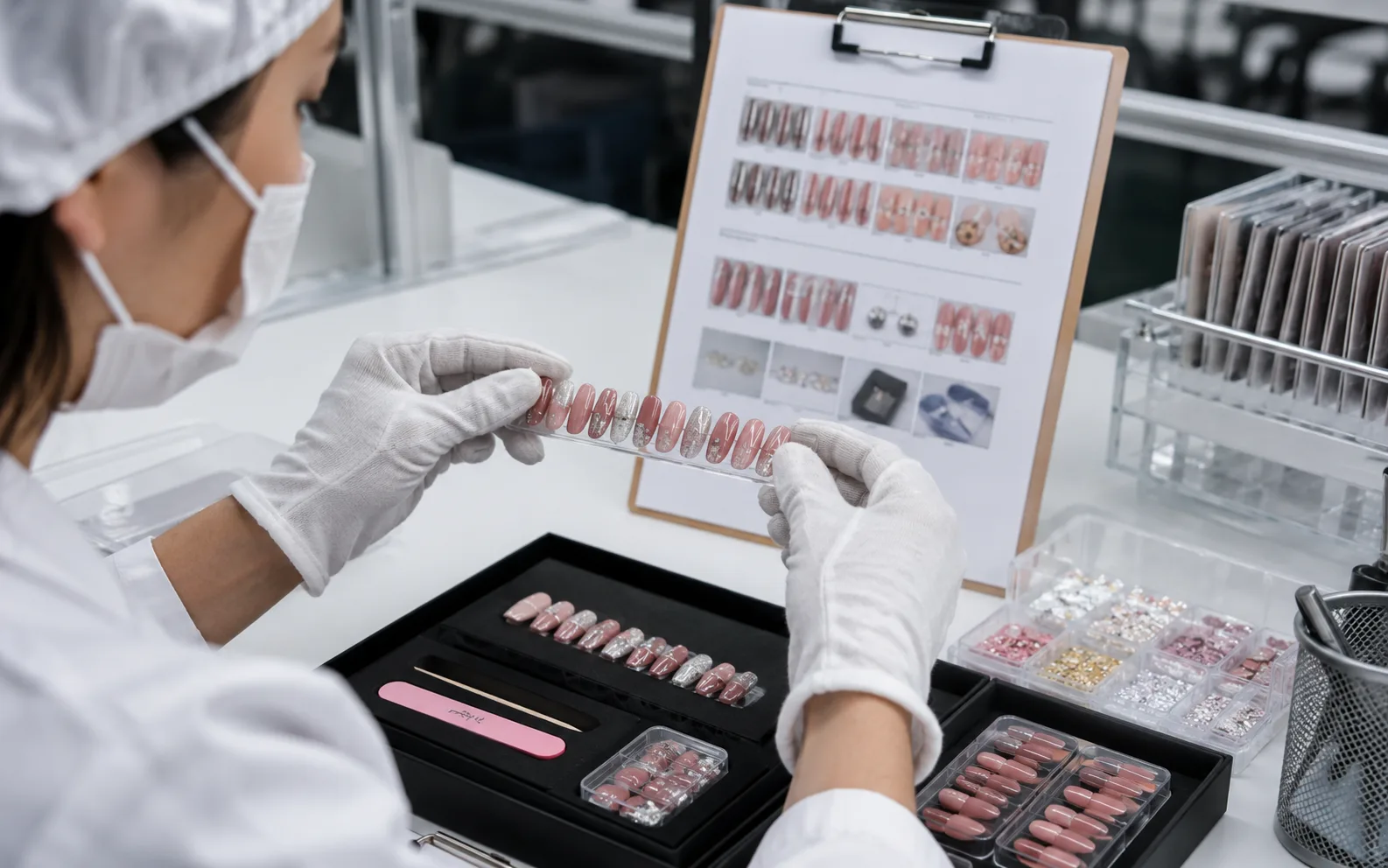 Quality check of press-on nail samples, accessories and presentation details