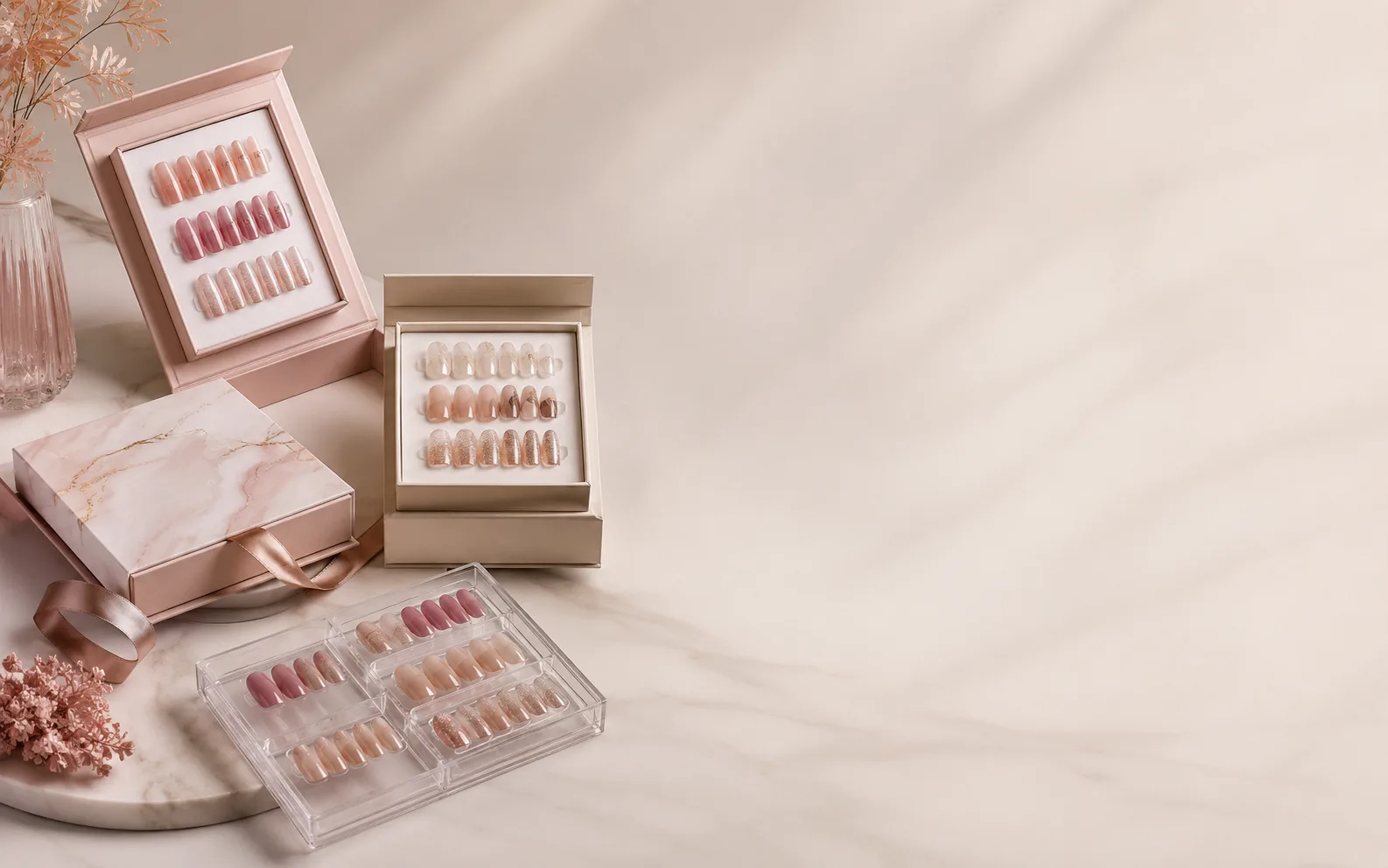 Premium press-on nail sample service display with clear quote request call to action