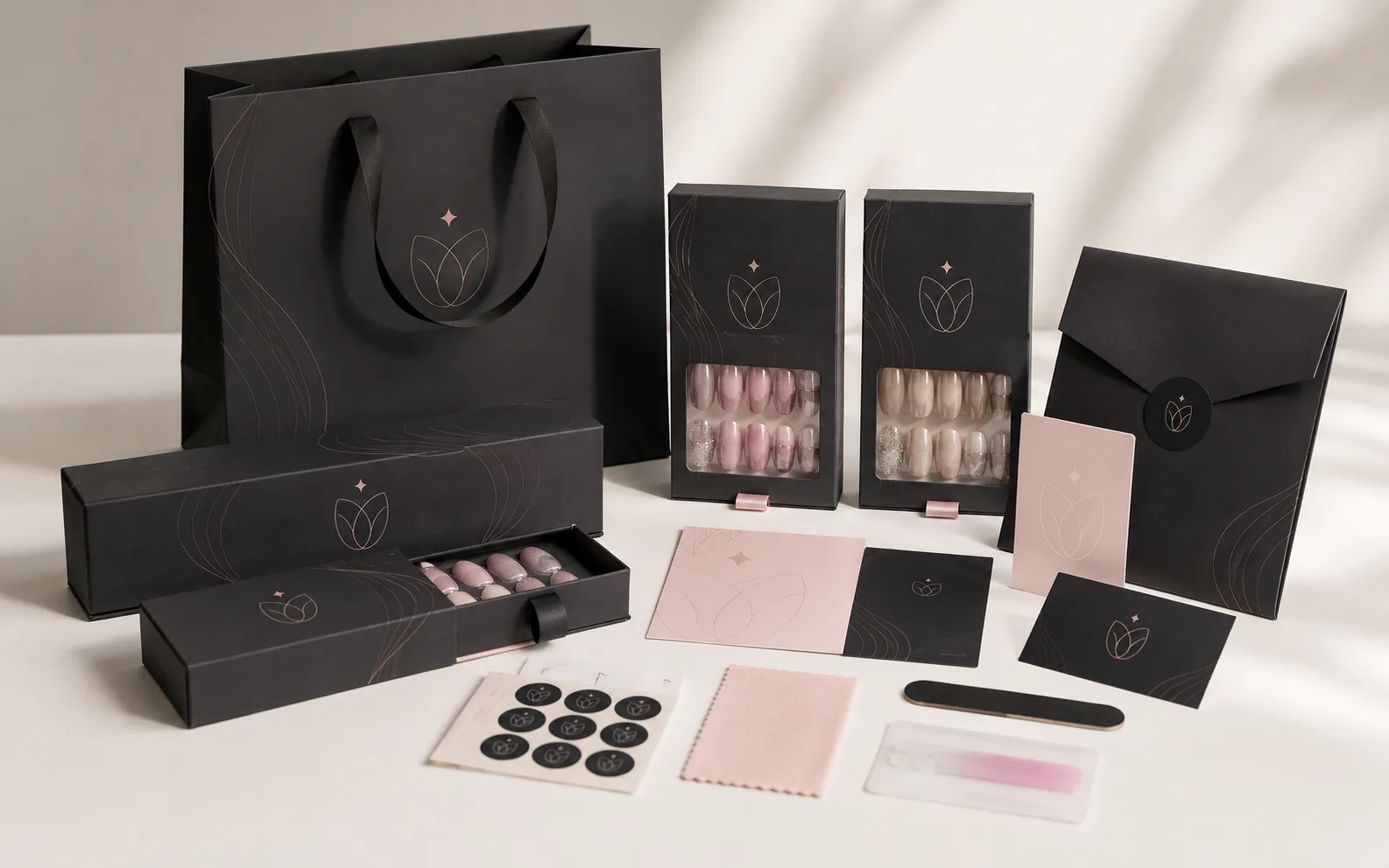 Custom press-on nail packaging, application accessories and brand presentation