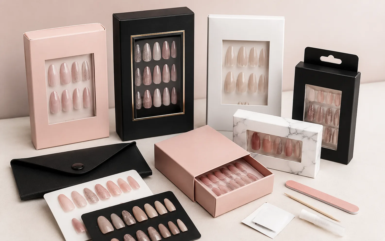Custom private-label press-on nail packaging options in pink, black, and white