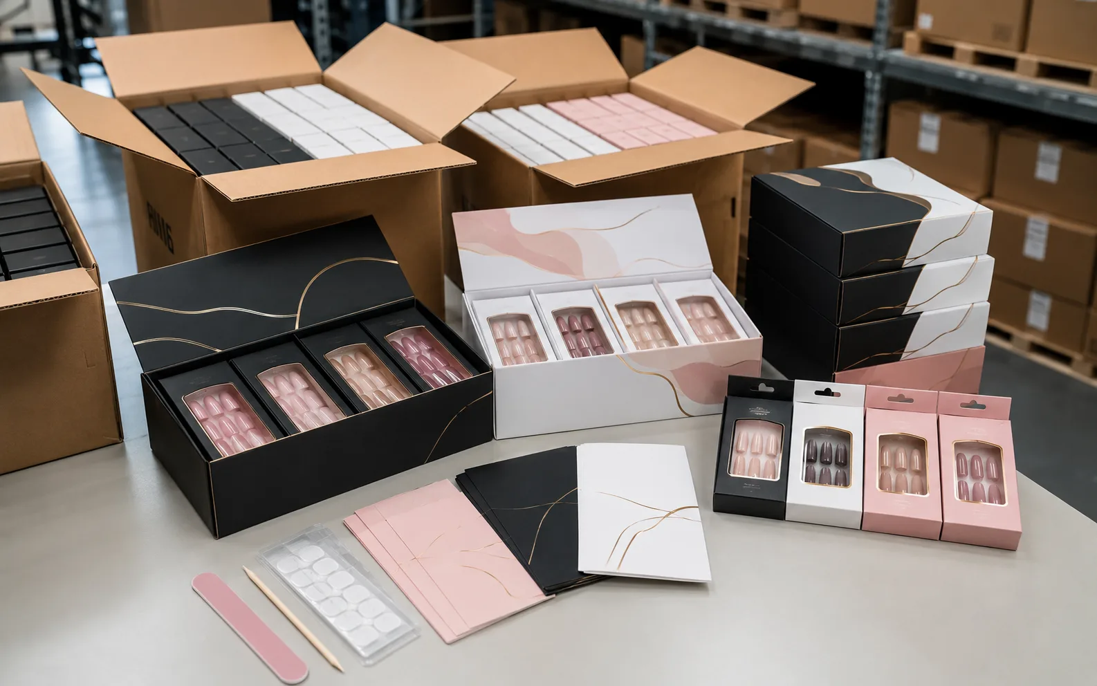 Retail-ready private-label press-on nail kits prepared for wholesale shipment